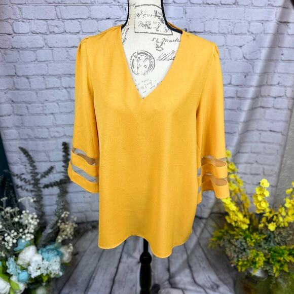 Casual V Neck 3/4 Bell Sleeve Mesh Panel Blouse Golden Glow XL - Picture 6 of 10